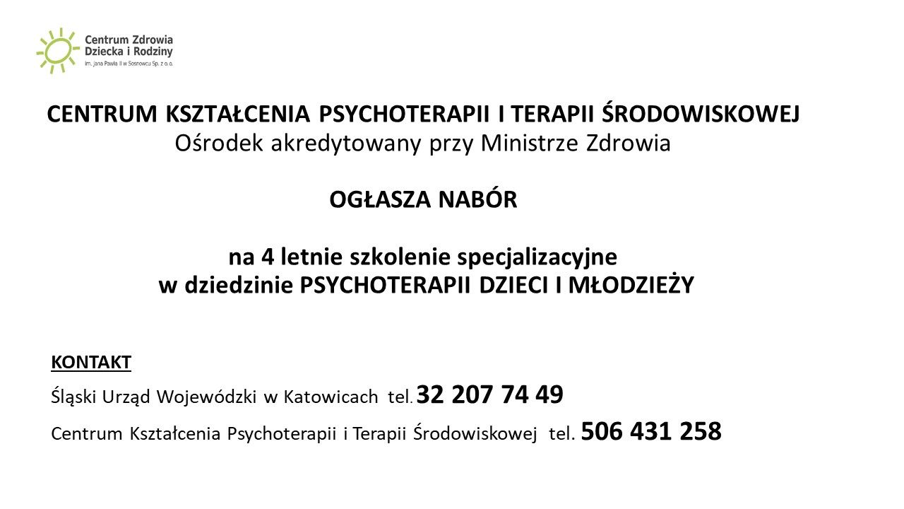 Uprzejmie informujemy o prowadzonym naborze na szkolenie specjalizacyjne w dziedzinie Psychoterap...